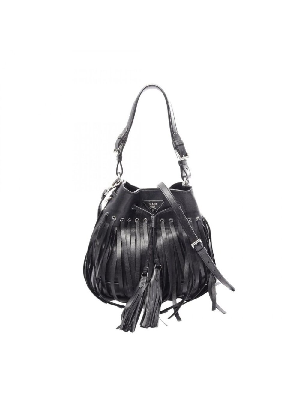 Prada Triangle Logo Fringe 2-Way Black Leather Shoulder